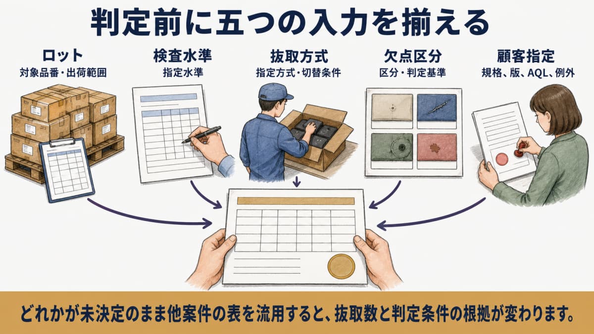 ロット・検査水準・方式・欠点区分・顧客指定の五点合意