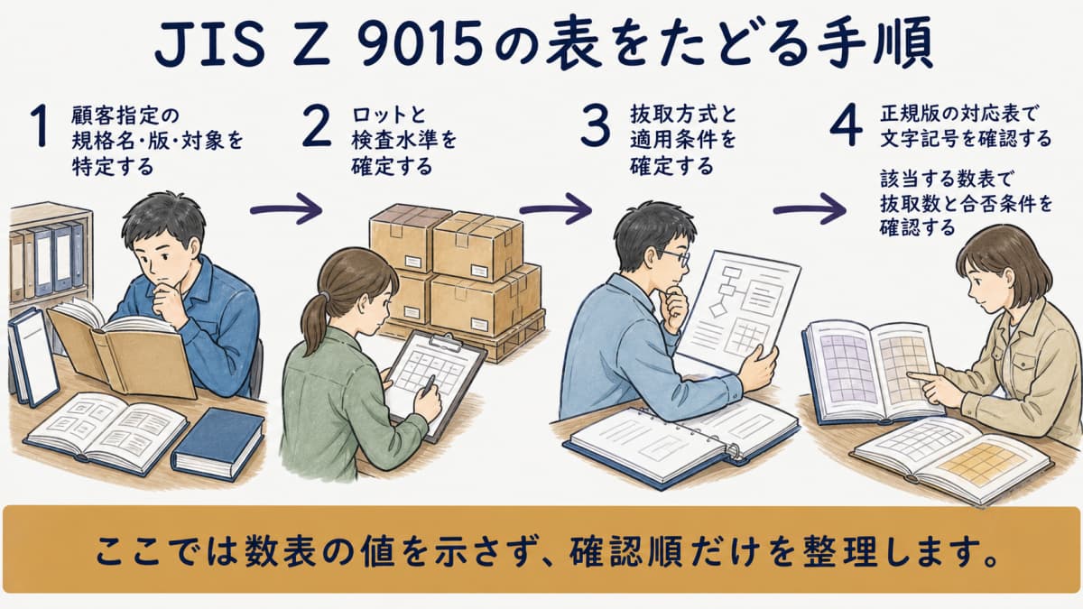 適用規格・方式・文字記号・抜取数・合否条件の確認順