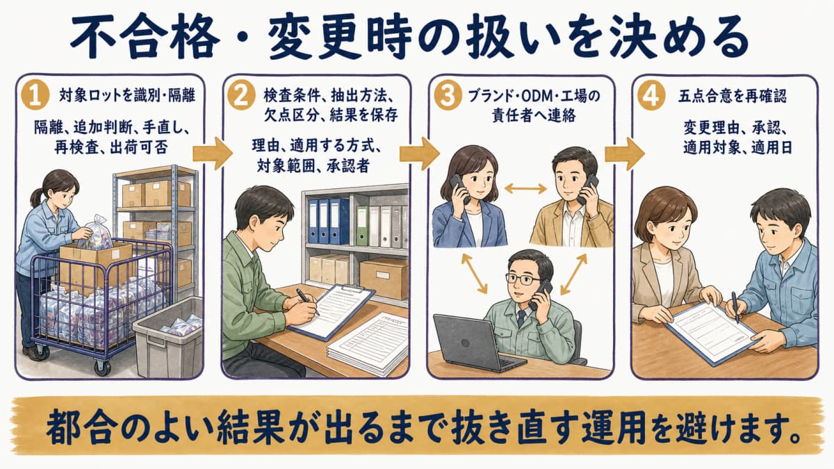 不合格時の隔離・判断・連絡と条件変更の再承認フロー