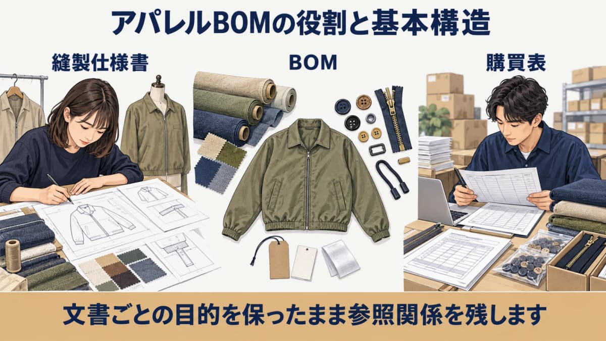 縫製品を生地とボタンとファスナーへ展開するBOMの図解