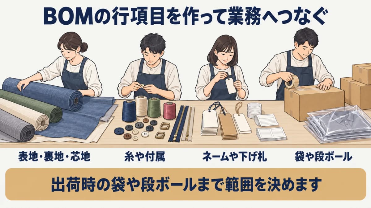 生地ロールと副資材をBOMの行へ登録する図解