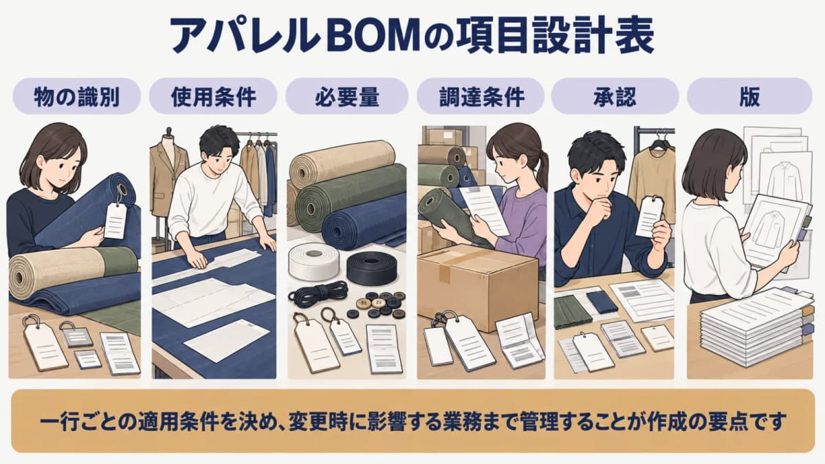 裁断台のBOMから原価と発注へ情報を渡す図解