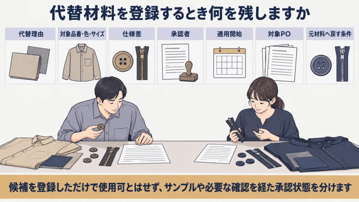 ボタンとファスナーの代替承認を確認する図解