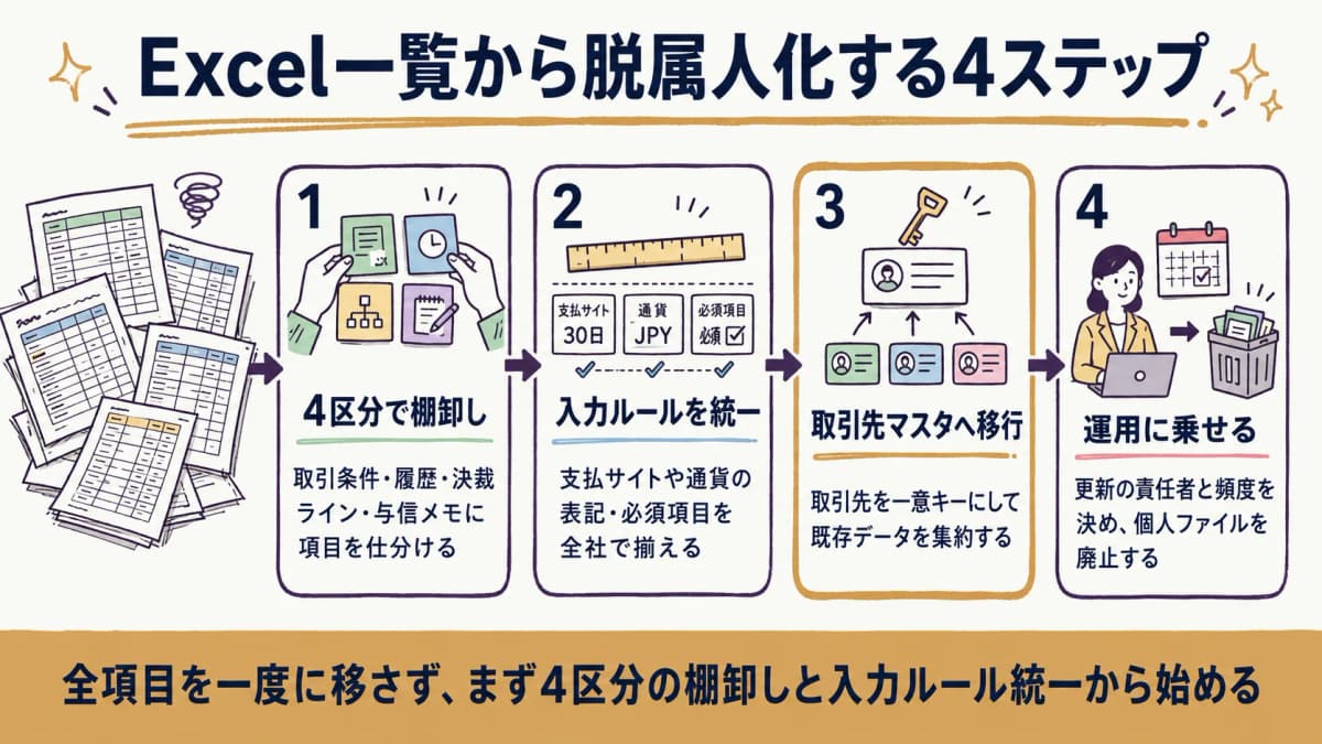 Excel取引先一覧から4区分の棚卸しと入力ルール統一を経て取引先マスタへ移行する進め方を示した図