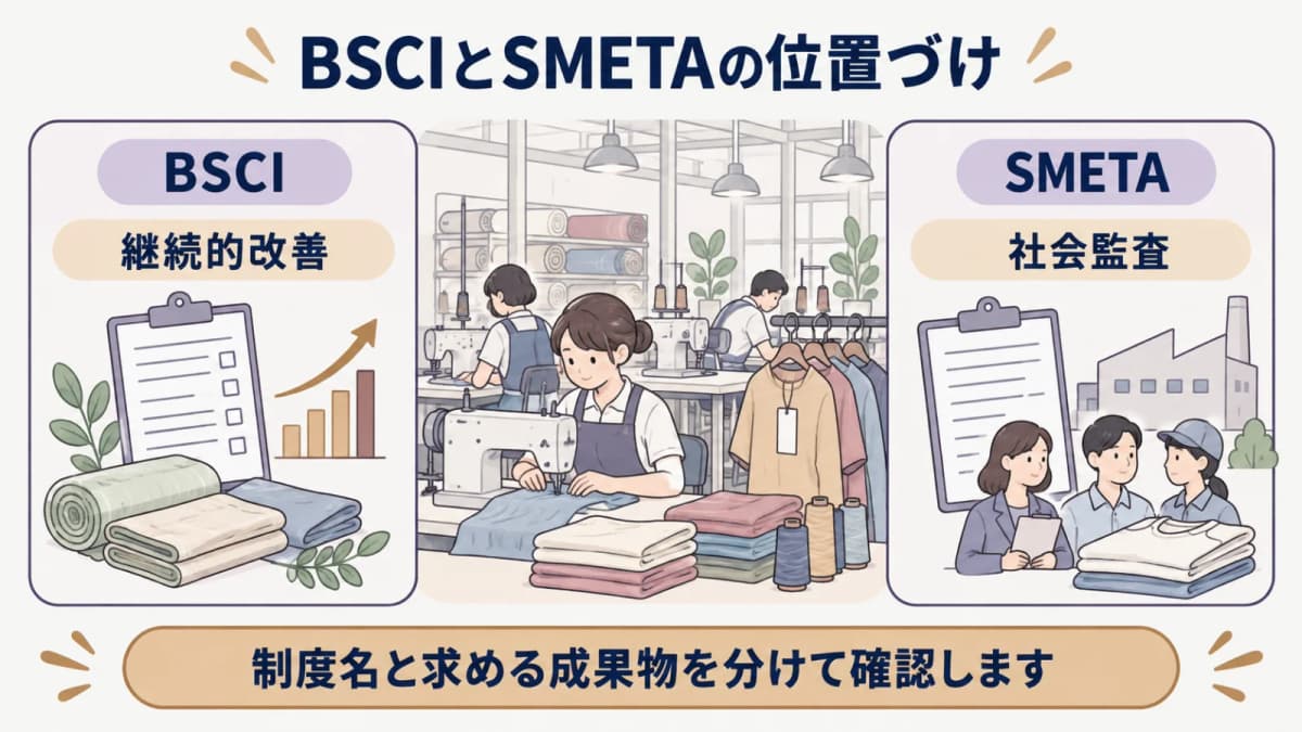 縫製工場の社会監査についてBSCIとSMETAの位置づけを分ける図解