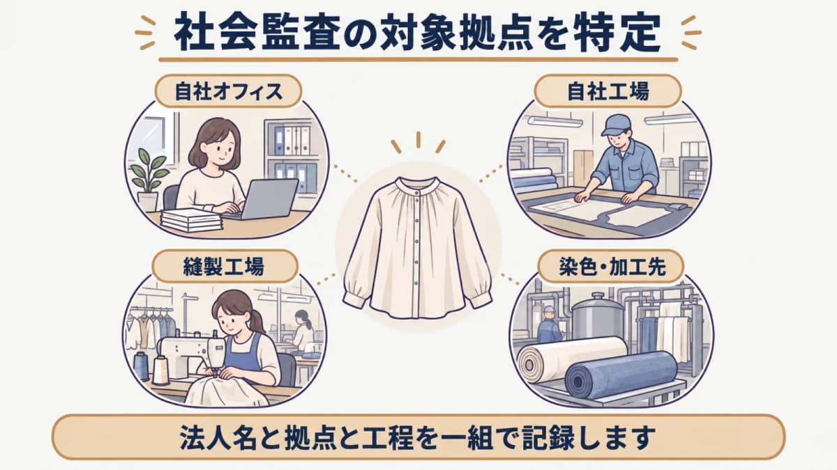 自社と縫製工場と加工先から社会監査の対象拠点を特定する図解