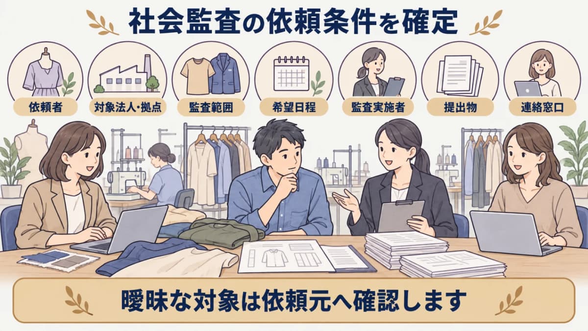 社会監査の依頼者と縫製工場の拠点と範囲と日程を確定する図解