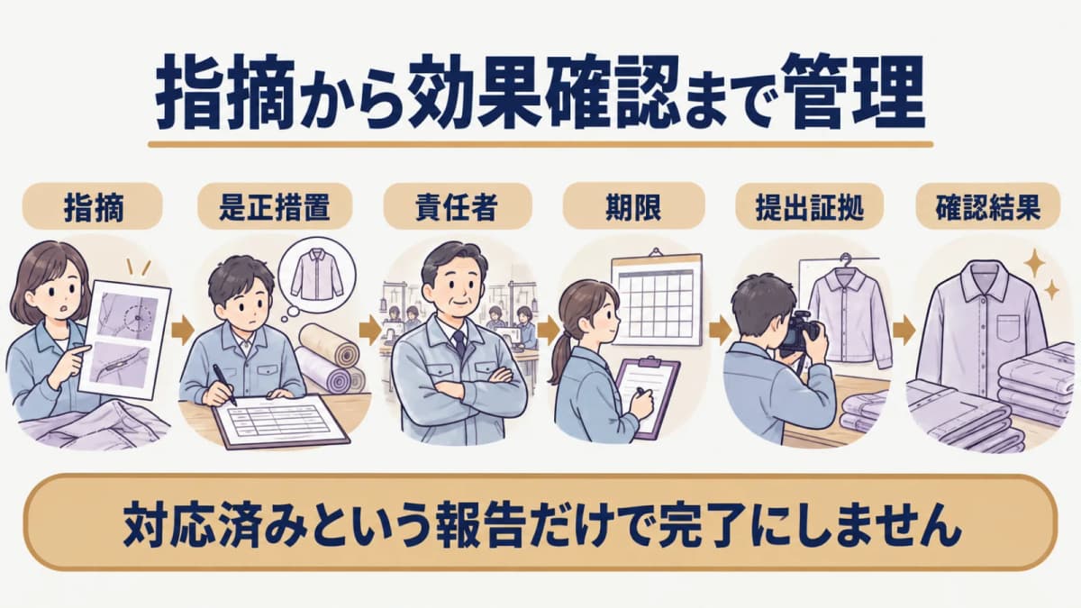 社会監査の指摘から是正措置計画と効果確認までを閉じる図解