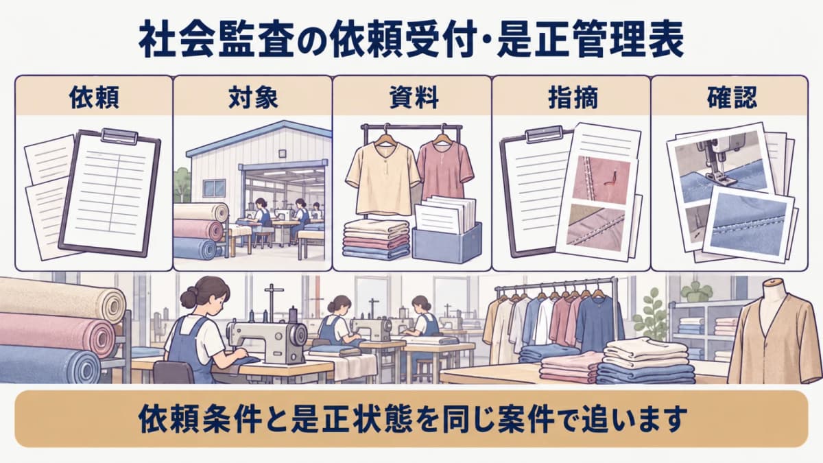 縫製工場の社会監査について依頼受付から是正状態までを共有する図解
