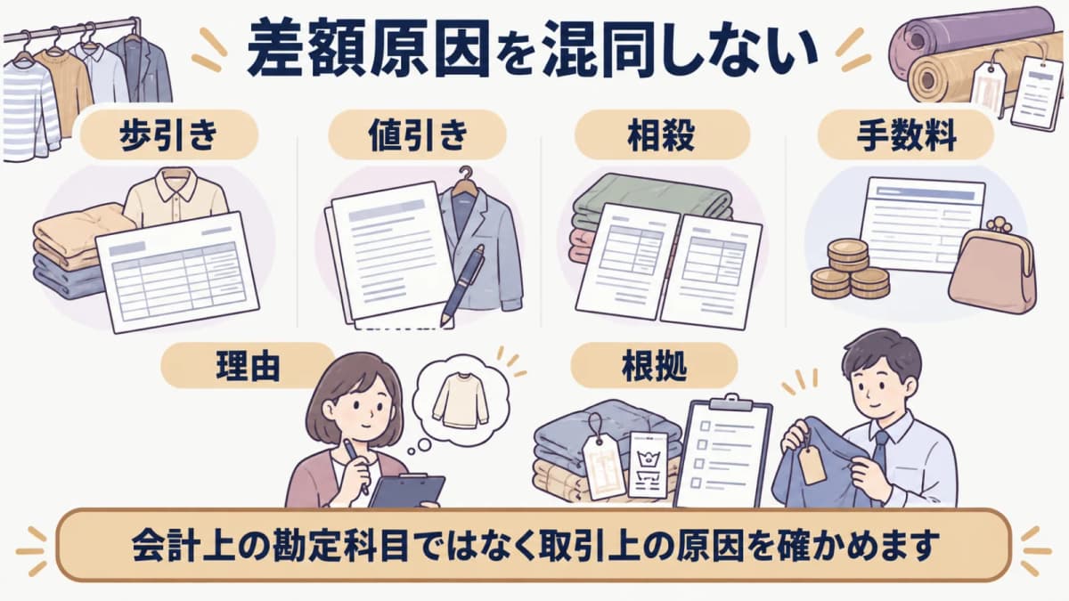 歩引き・値引き・相殺・手数料の根拠を別々に確認する分岐
