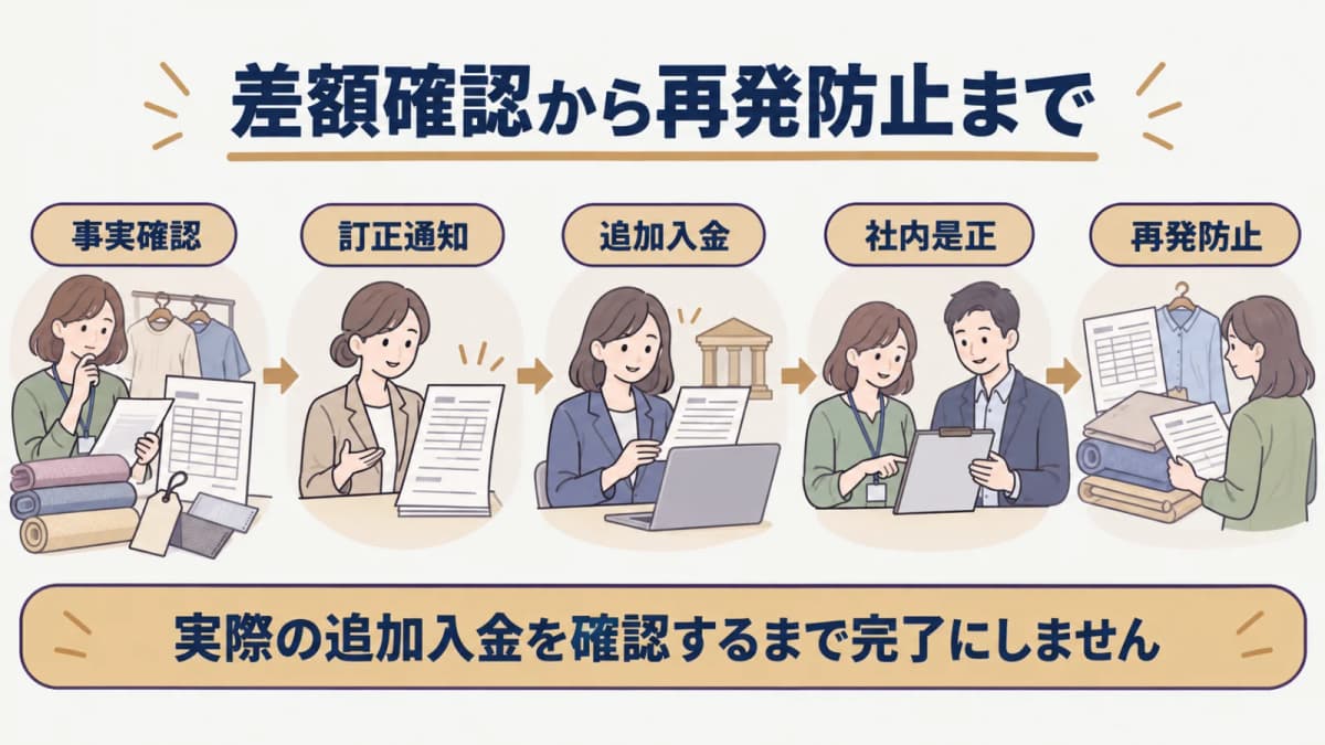 差額の事実確認から訂正・追加入金・再発防止へ進む流れ