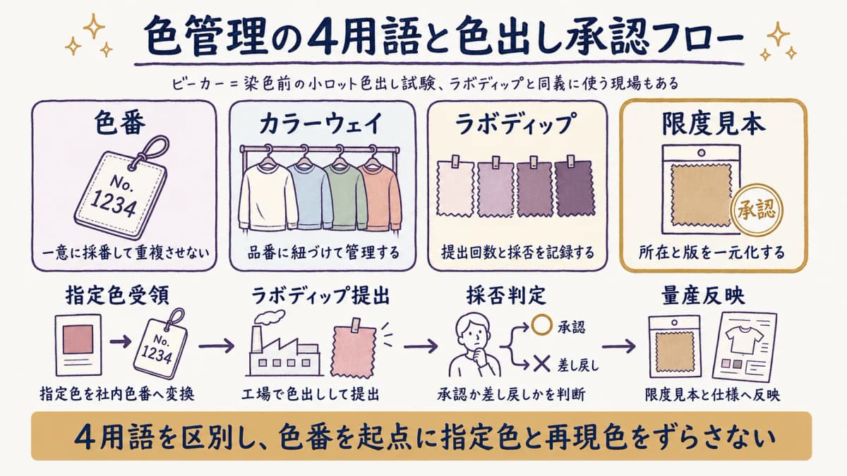 色番・カラーウェイ・ラボディップ・限度見本の関係と色出し承認工程を示した早見図