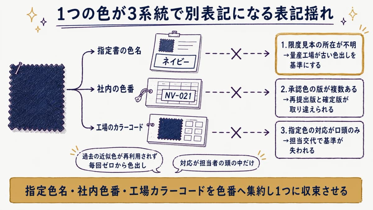 同一の色が指定色名・社内色番・工場カラーコードで別表記のまま並走する表記揺れの構造図