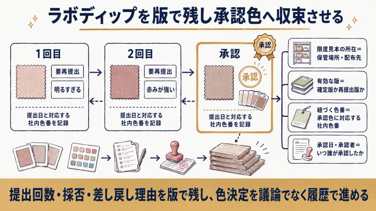 ラボディップの提出回数・採否・差し戻し理由を版として記録し承認色へ収束させる管理の流れ