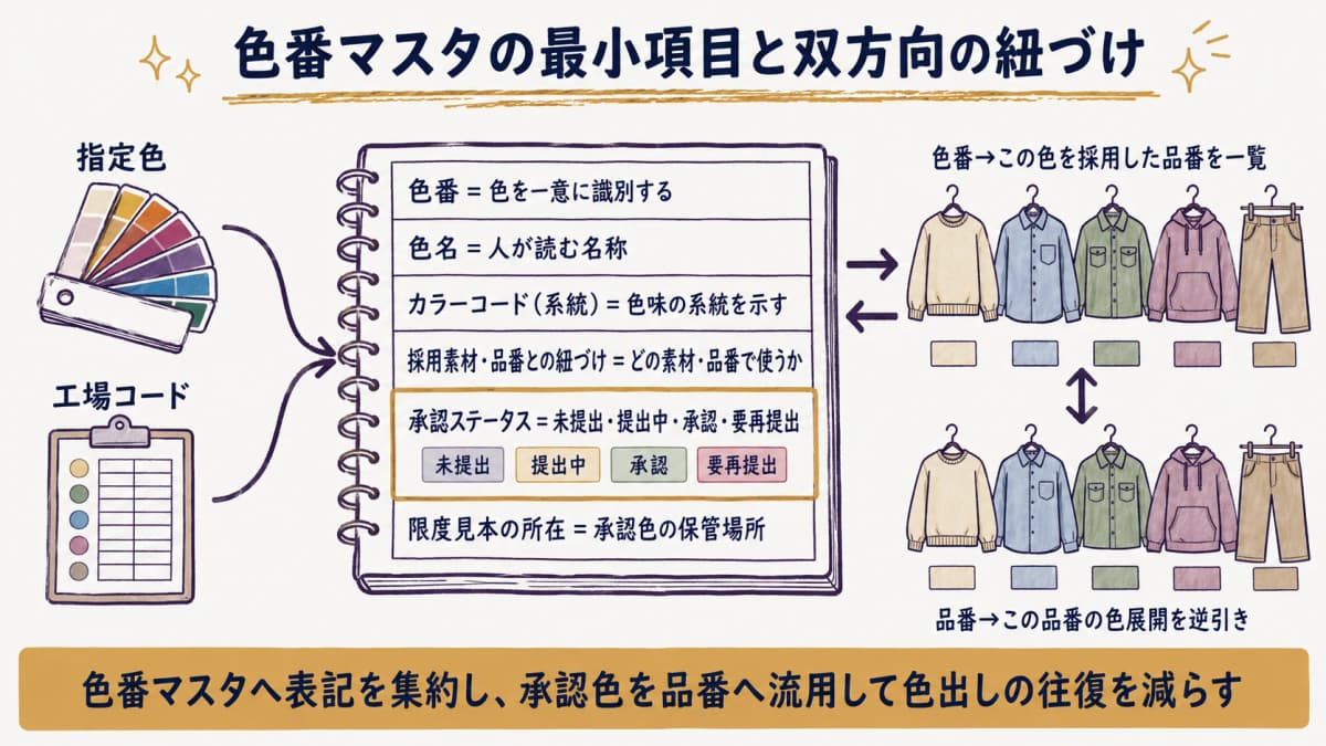 色番マスタに色番・色名・カラーコード・採用素材/品番・承認ステータス・限度見本所在を集約した構造図
