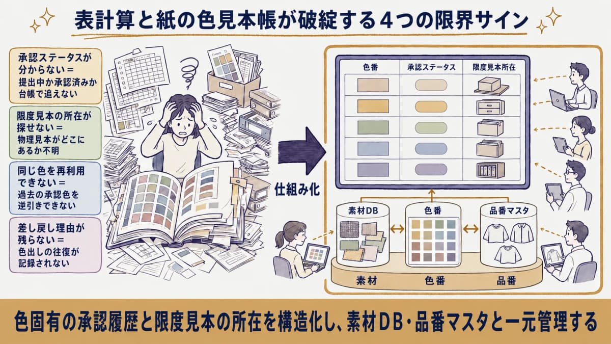 色番・承認履歴・限度見本所在が増えると表計算と紙の色見本帳で検索性が破綻する限界の図