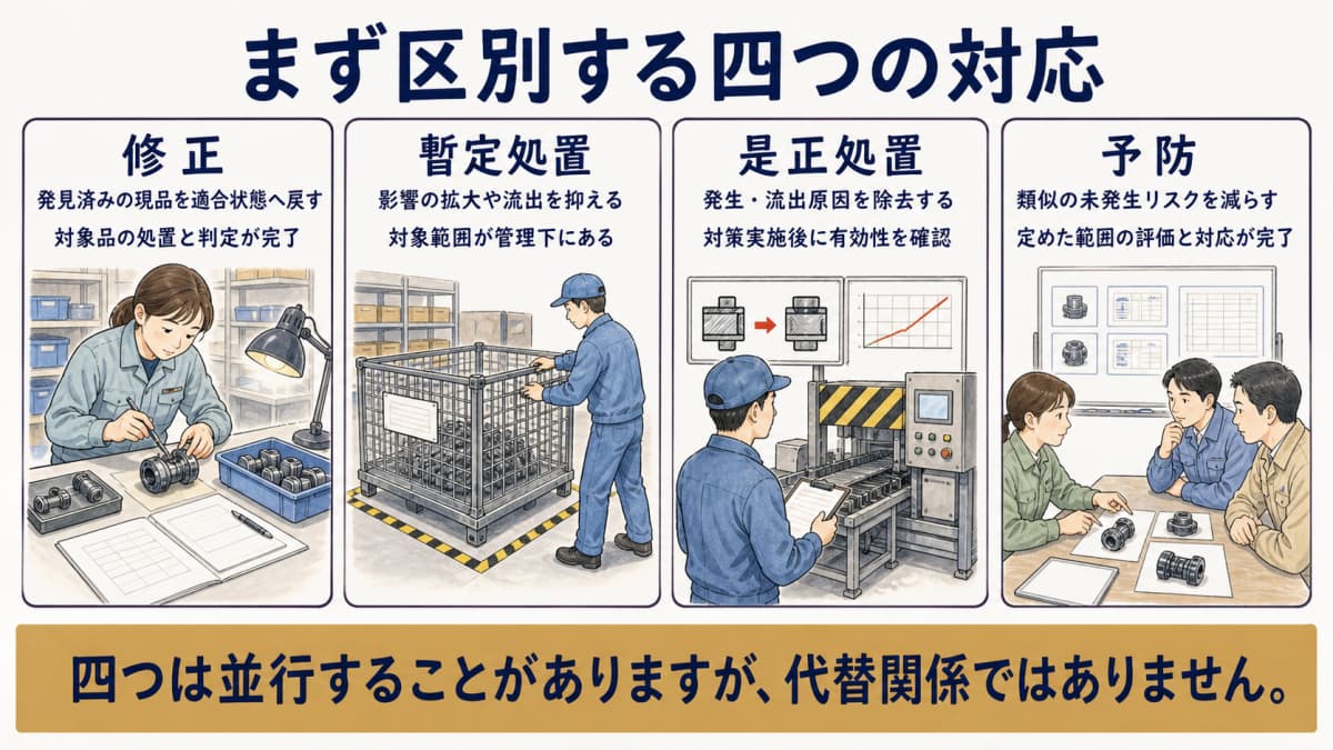 修正・暫定処置・是正処置・予防を目的と完了条件で分ける図