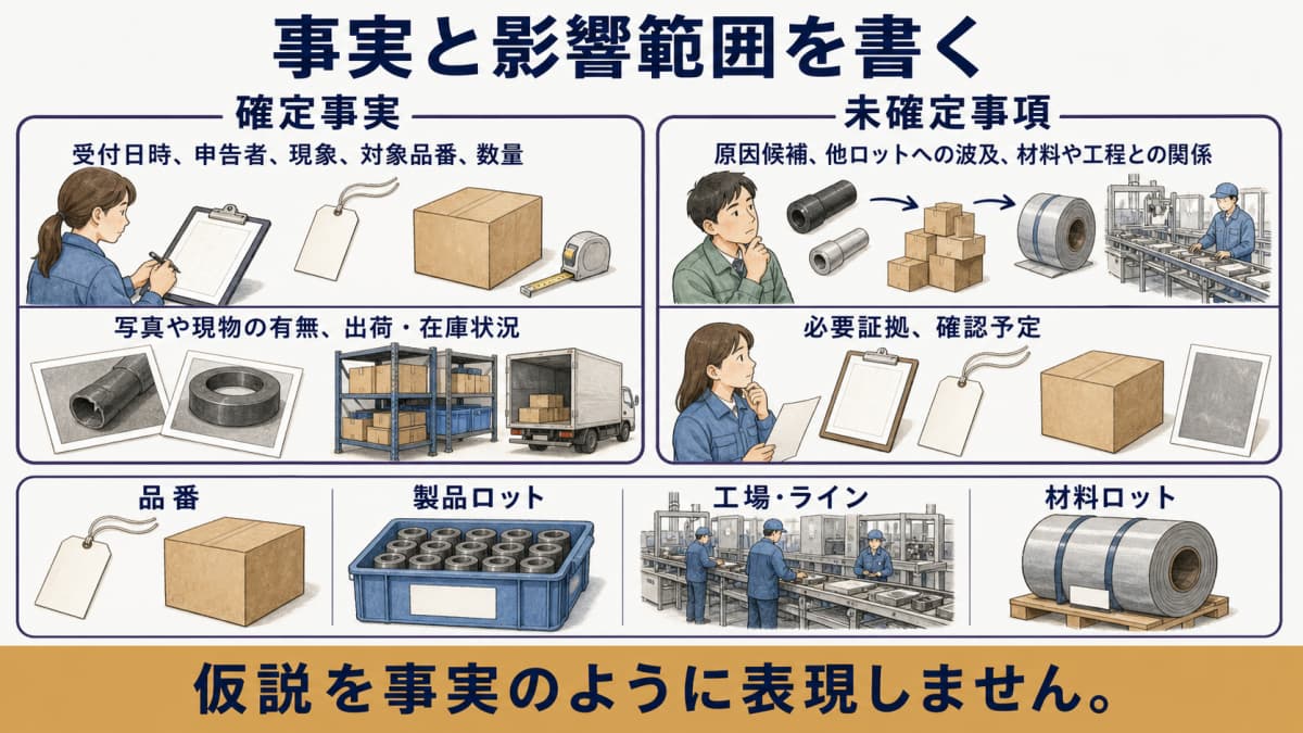 初報で確定事実と未確定事項を分け追跡範囲を更新する図