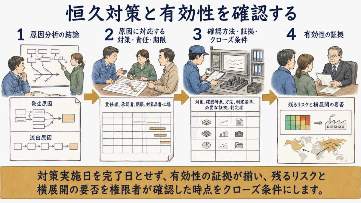 二つの原因から恒久対策・責任・期限・有効性確認を結ぶ図