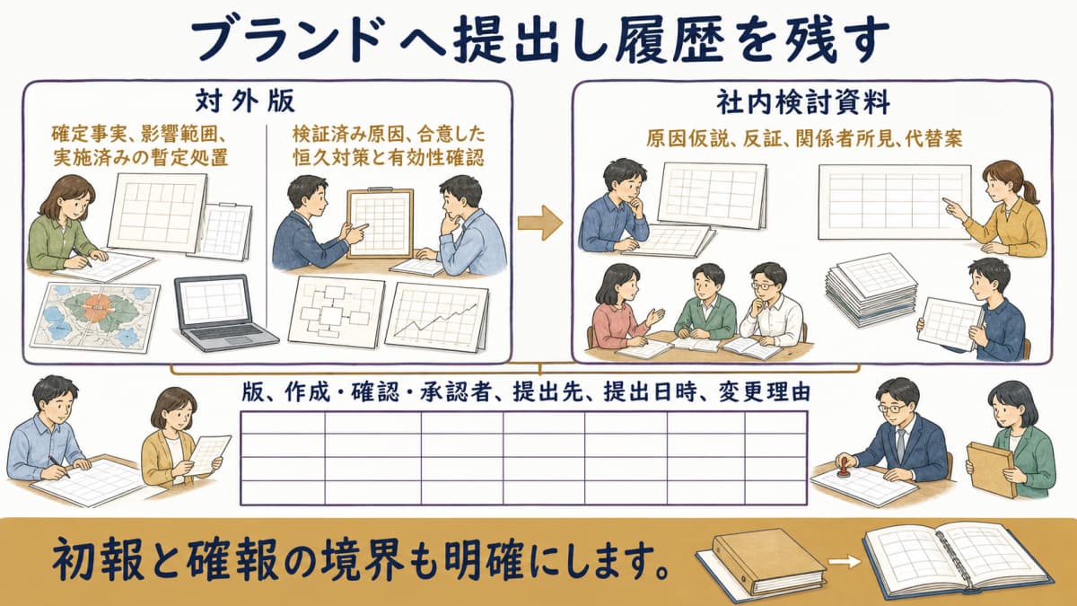 対外版・社内検討資料・承認版・関連仕様を履歴で結ぶ図