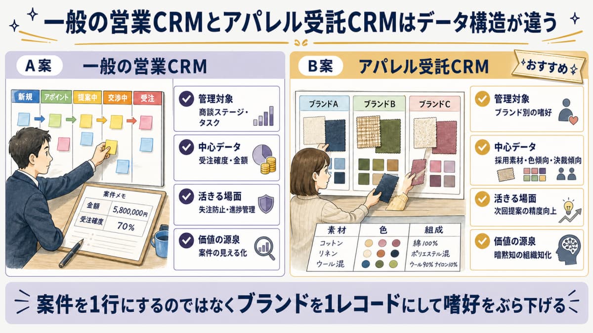 一般の営業CRMとアパレル受託CRMを左右に並べた比較図。左は商談ステージ・受注確度を案件1行で管理する構造、右はブランドを1レコードとして採用素材・色傾向・決裁傾向をぶら下げる構造を対比している