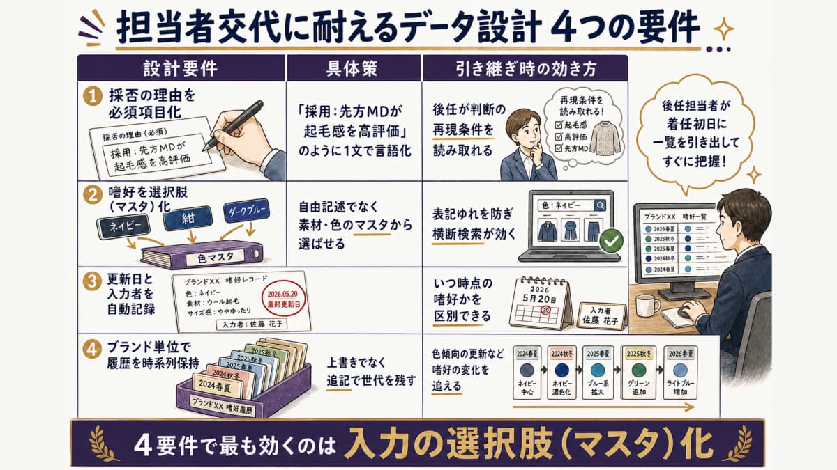 担当者交代に耐えるブランド別CRMの4つの設計要件を、前任者から後任者への引き継ぎ場面とともに示した図。採否理由の必須項目化・嗜好のマスタ選択肢化・更新日と入力者の自動記録・ブランド単位の履歴保持が、後任者の着任初日にどう効くかを対応づけている