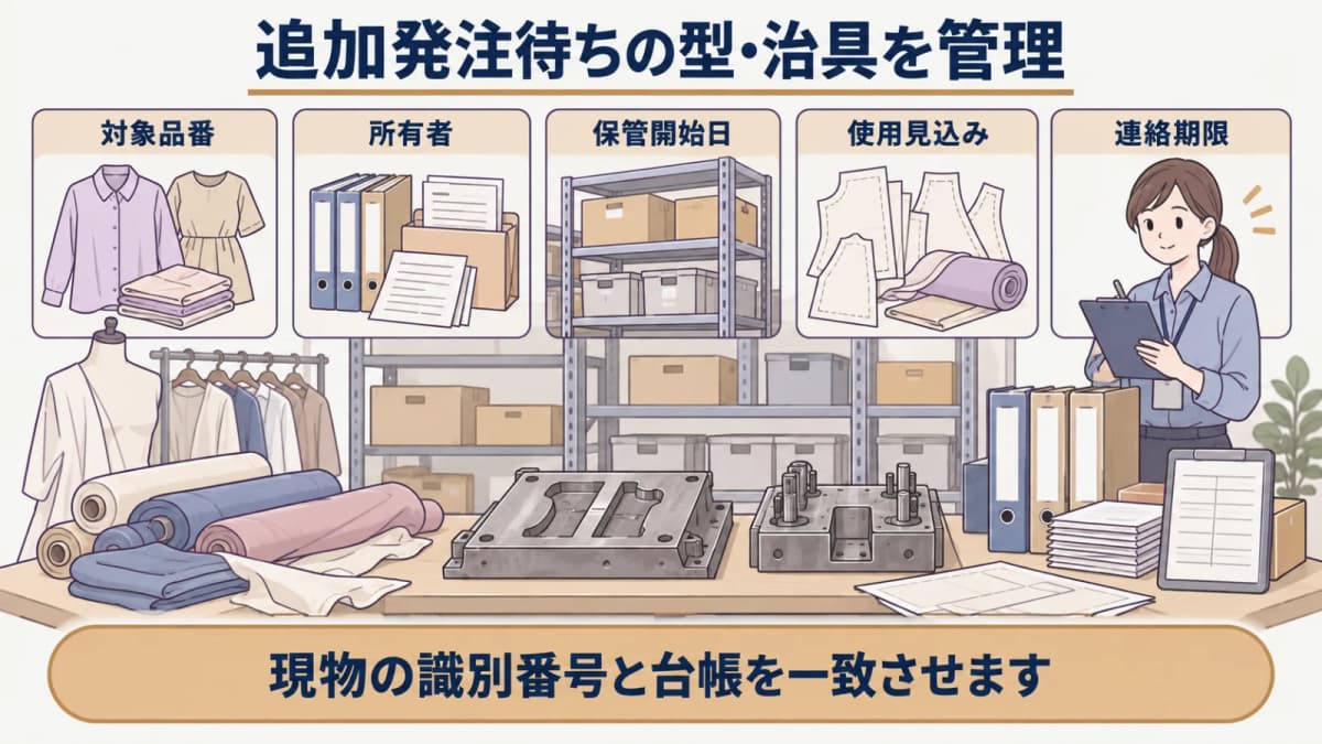 追加発注を待つ型・治具を識別番号と保管期限で管理する様子