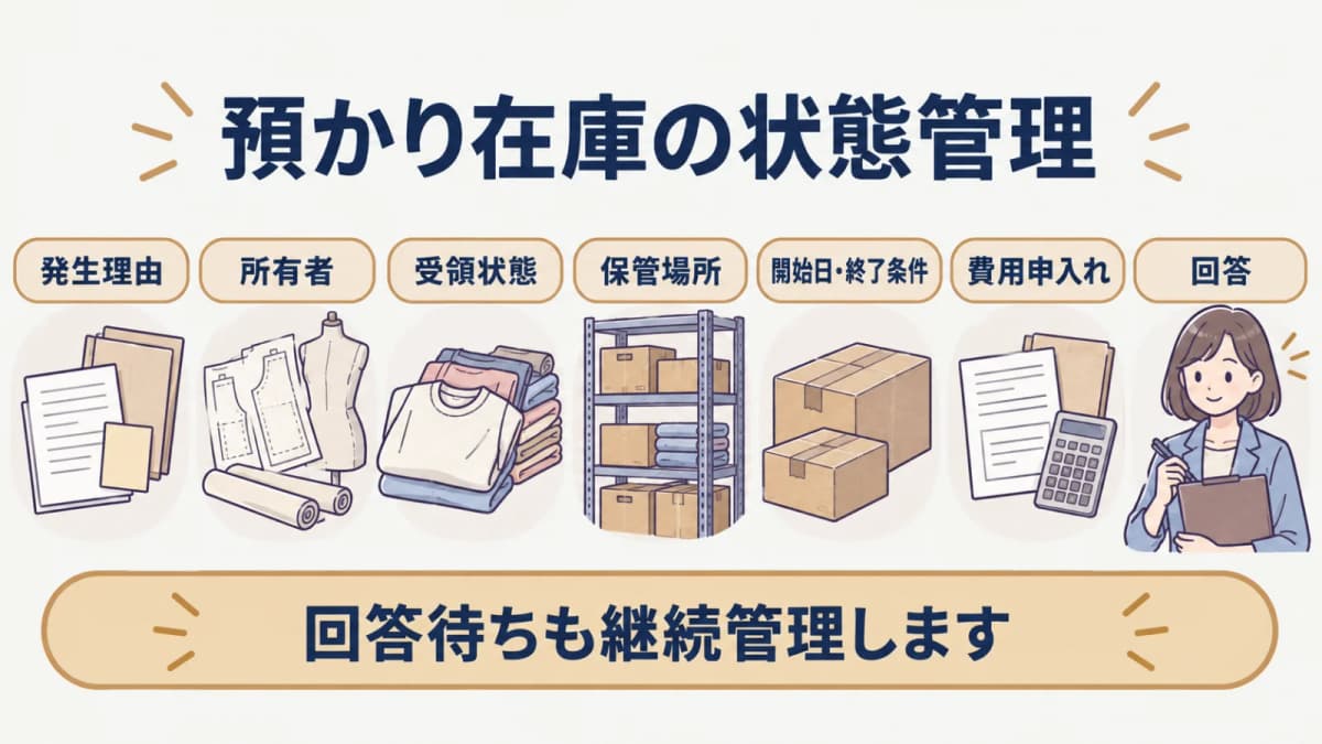 所有・受領・場所・期間・費用協議を一覧にする状態管理表