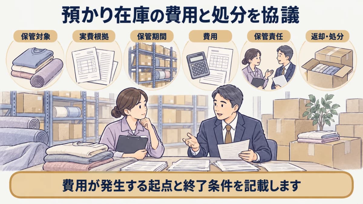 保管対象・実費根拠・引取期限を取引先と協議する場面