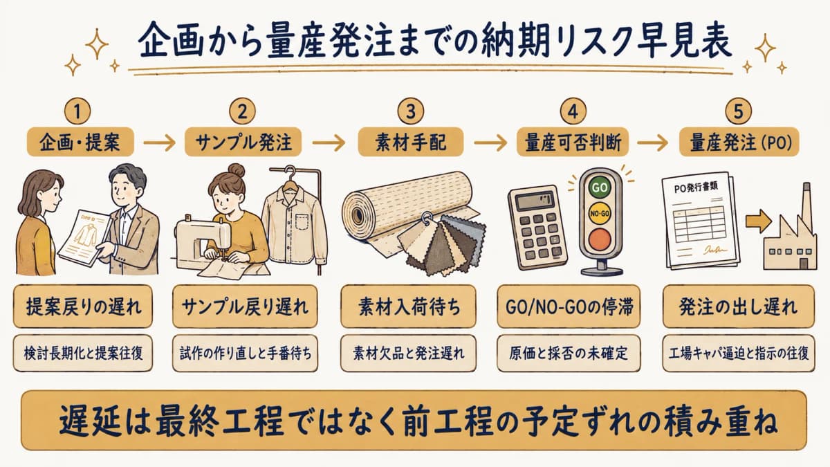 企画から量産発注までの進捗と、納期遅延が起きやすい結節点を工程順に並べた早見表
