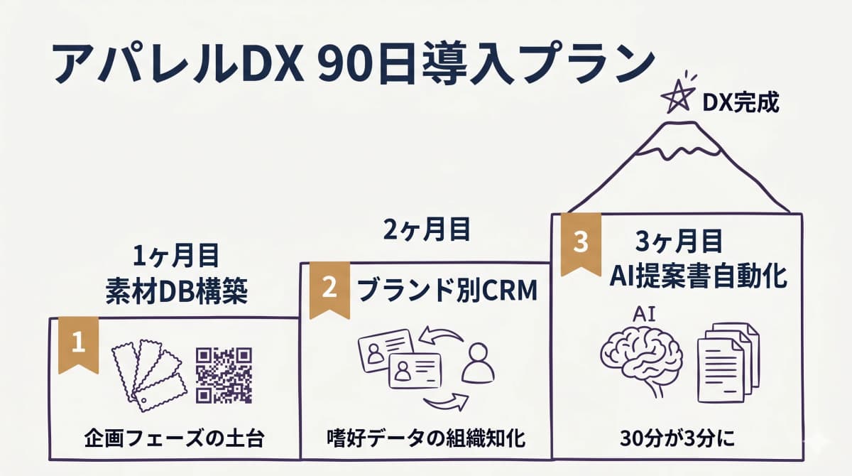 1ヶ月目素材DB→2ヶ月目CRM→3ヶ月目AI提案書の90日DXロードマップ