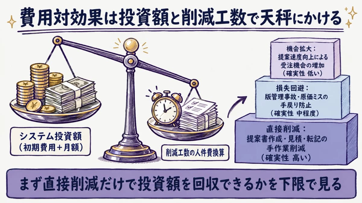 アパレルDXの費用対効果を、投資額と削減工数の人件費換算とで天秤にかける考え方を示した図