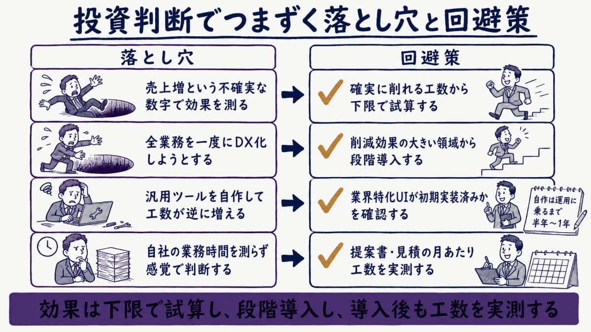 アパレルDX投資判断でつまずく落とし穴と、その回避策を対応させた早見表