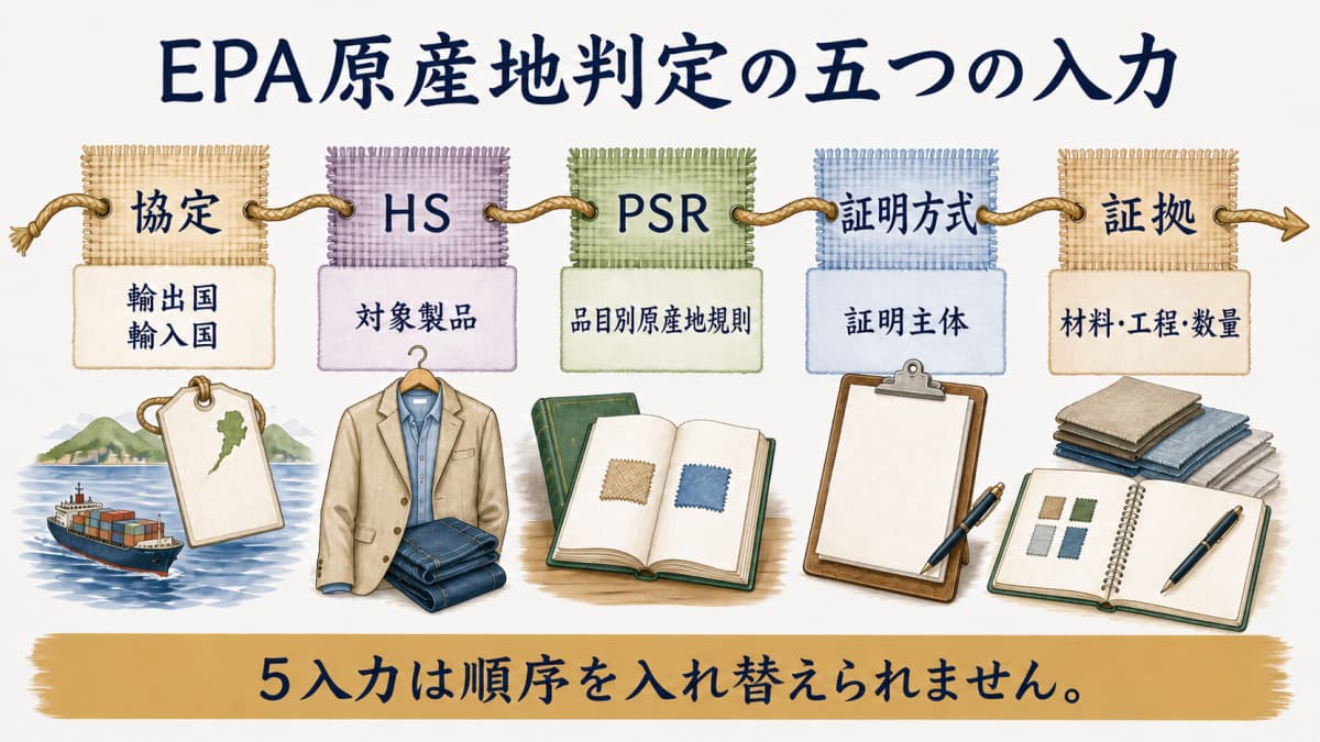 EPA原産地判定の五つの入力を示す図