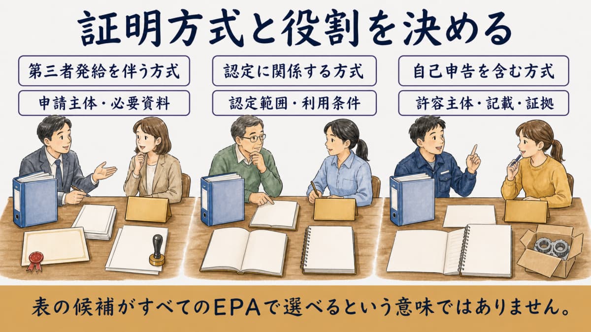 EPAの証明方式と取引主体の役割を示す図
