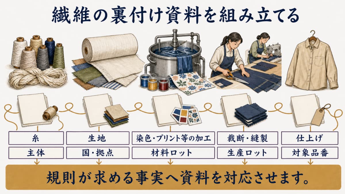 糸から縫製までの証拠を品番へ結ぶ図