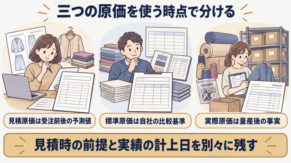 見積・標準・実際の原価を品番単位で並べる図解