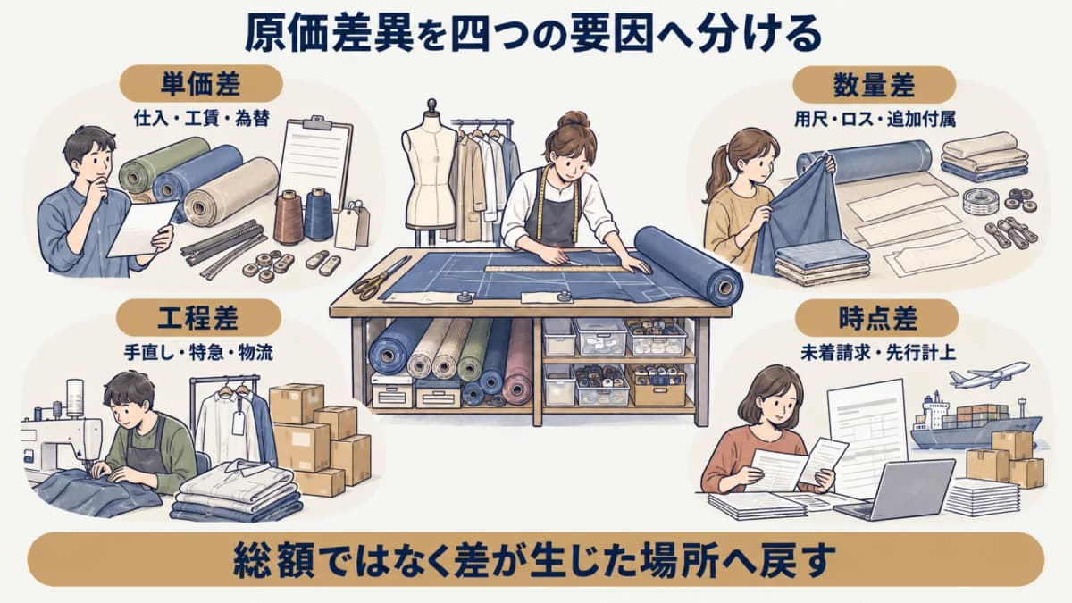 生地ロールと付属を単価差・数量差・工程差・時点差へ分ける図解