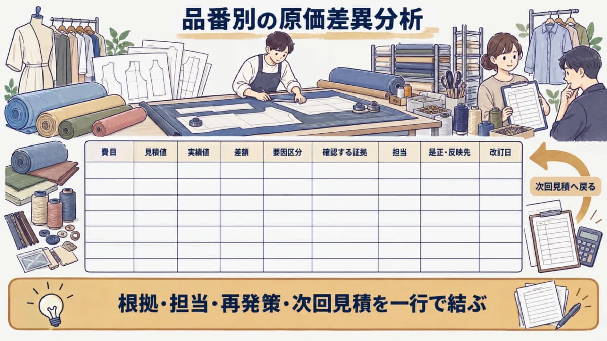 裁断台の資料を差異分析表から次回見積へ戻す図解