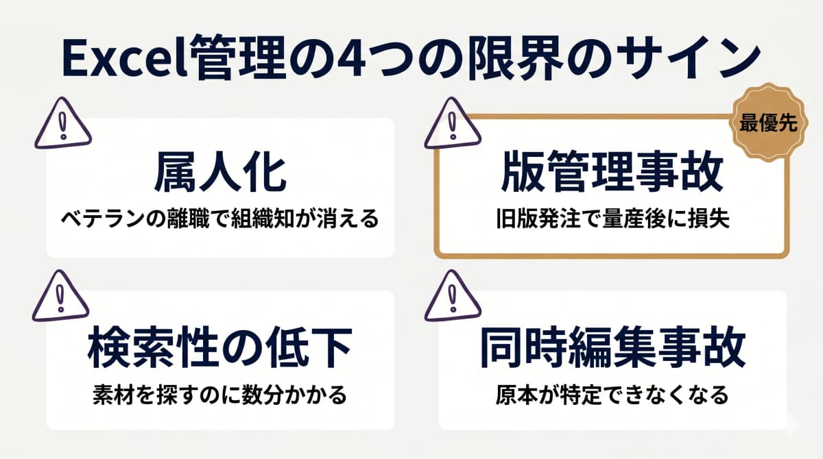 中堅アパレルODMのExcel運用で起きる限界シーンの図解(属人化・版管理事故・検索性低下・同時編集事故)