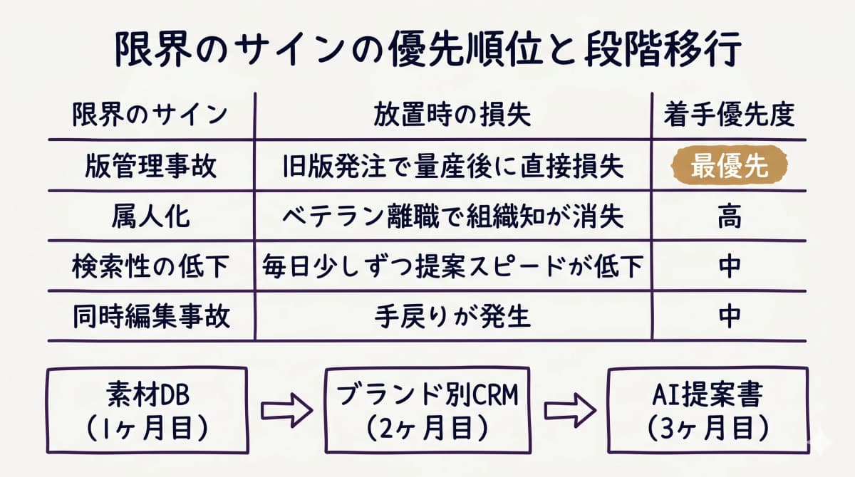 Excelの4つの限界のサインを損失の出方で優先順位づけし、素材DBから段階移行するステップの図解