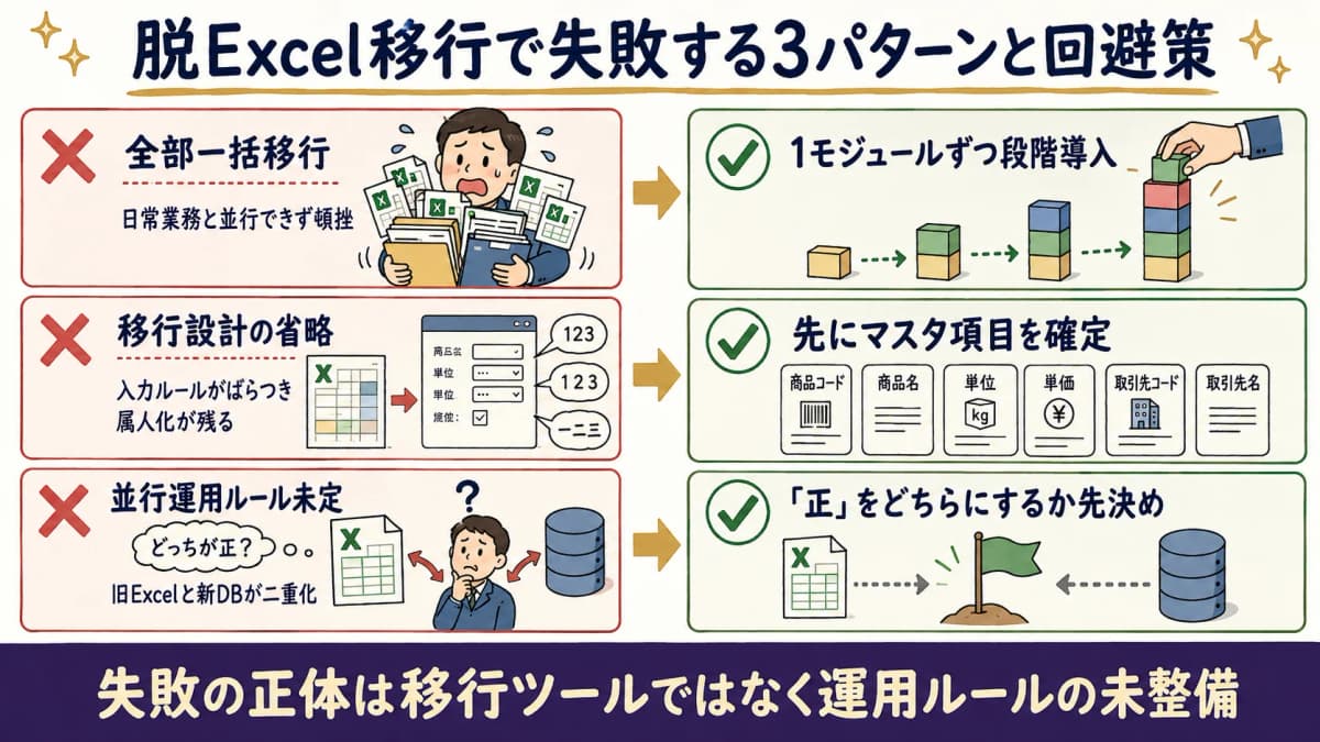 脱Excel移行で失敗する典型パターン(全部一括移行・移行設計の省略・並行運用ルール未定)と回避策を対比した早見表