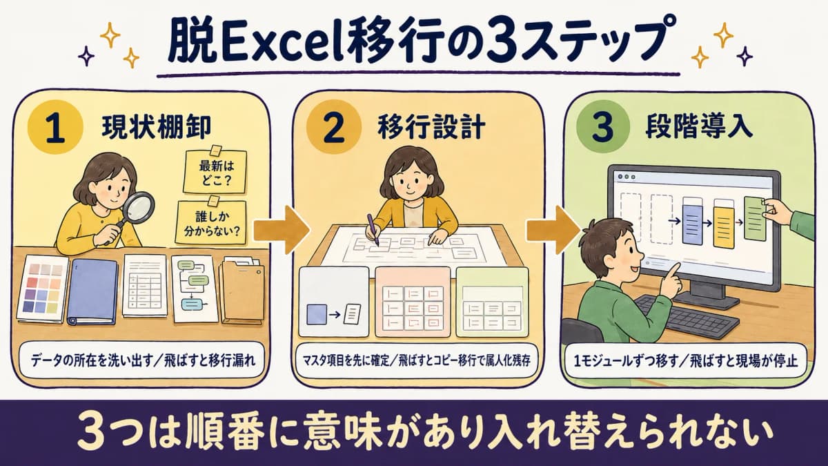 脱Excel移行の3ステップ(現状棚卸→移行設計→段階導入)を順に示したフロー図