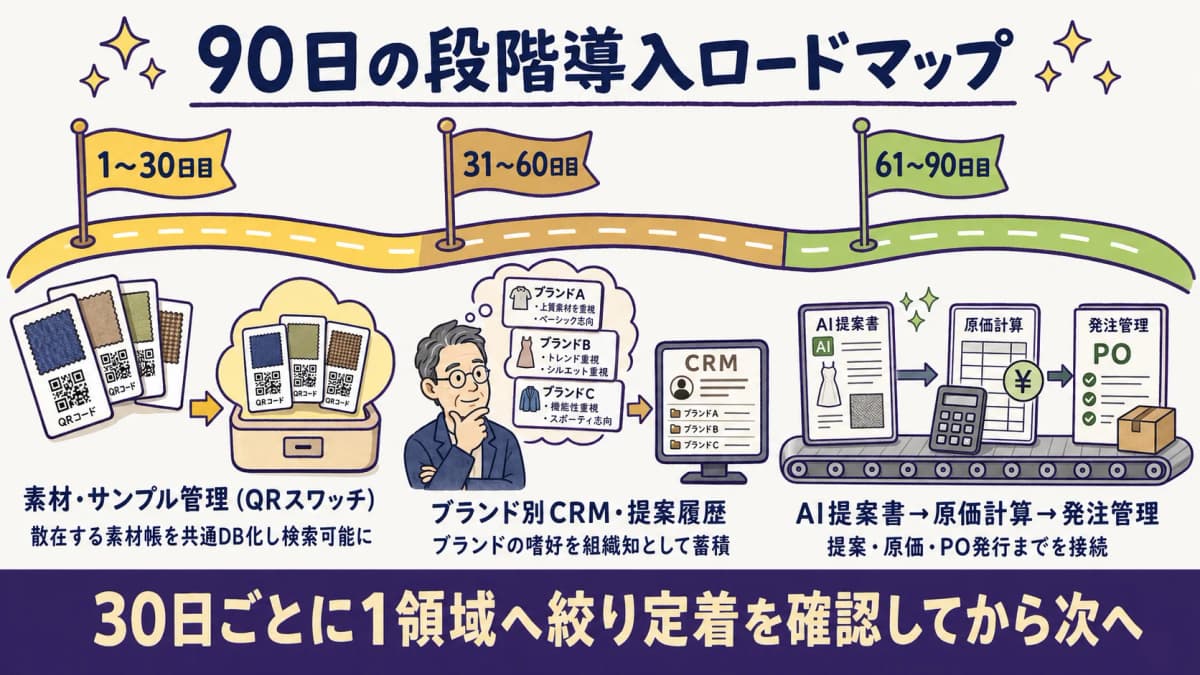 素材DB→ブランド別CRM→AI提案書→原価計算→発注管理の順に進める90日段階導入ロードマップ図