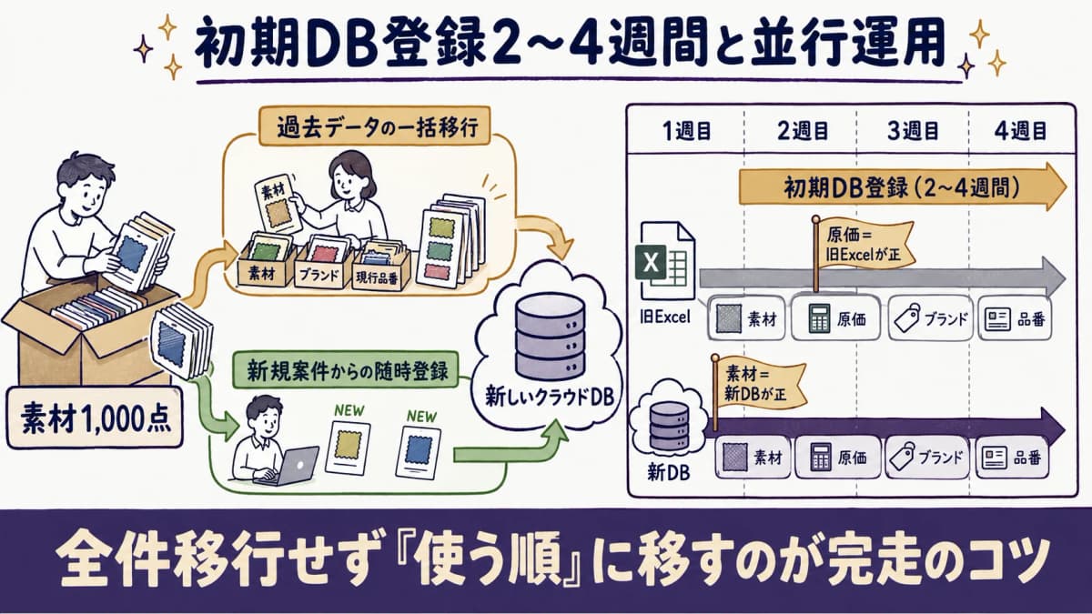 素材1,000点の初期DB登録に2〜4週間、その間の旧Excelと新DBの並行運用スケジュールを示したイメージ図