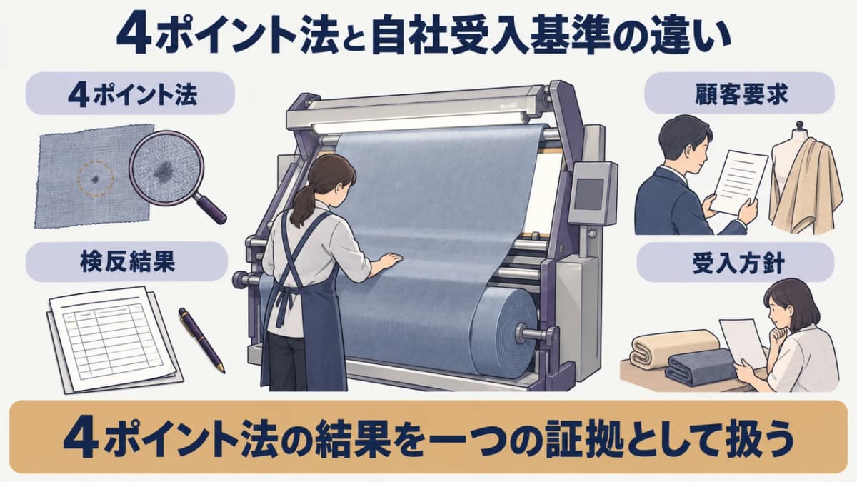 検反機の生地ロールを欠点記録と受入判断へ分ける図解