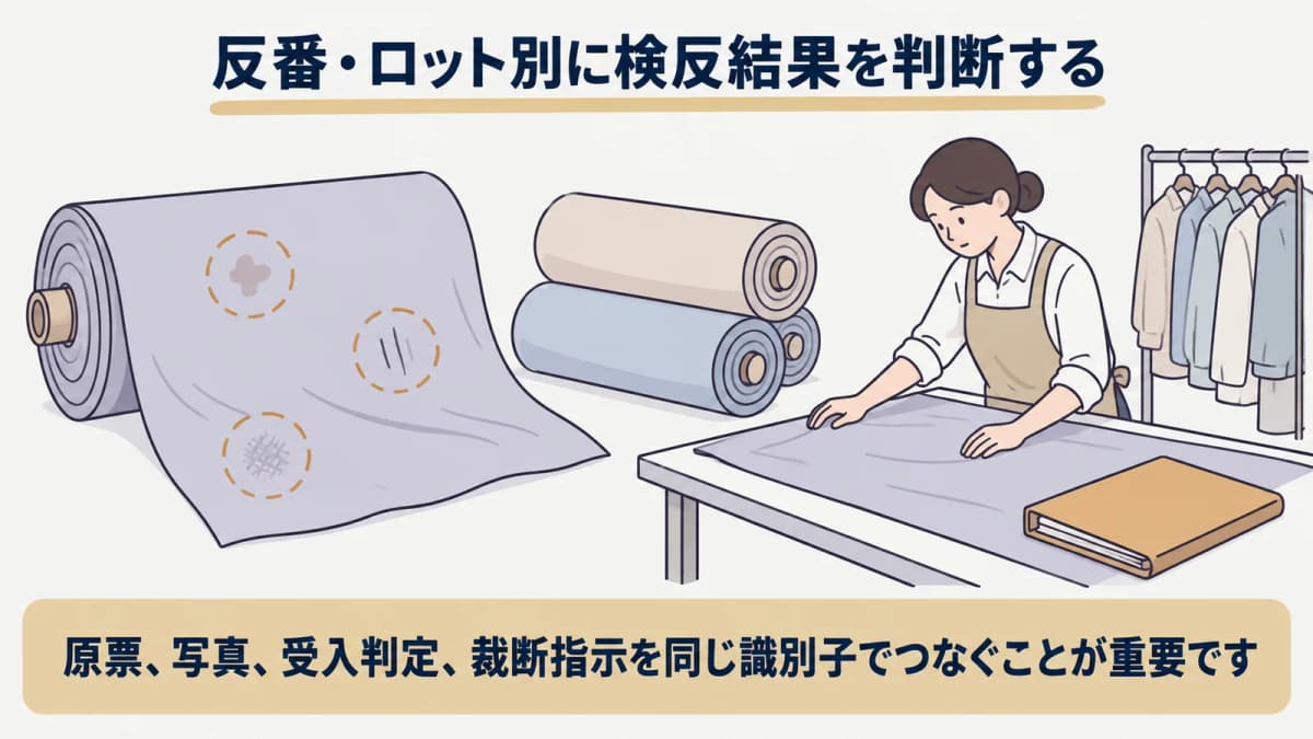 反物の欠点位置を反番とロットへ記録する図解