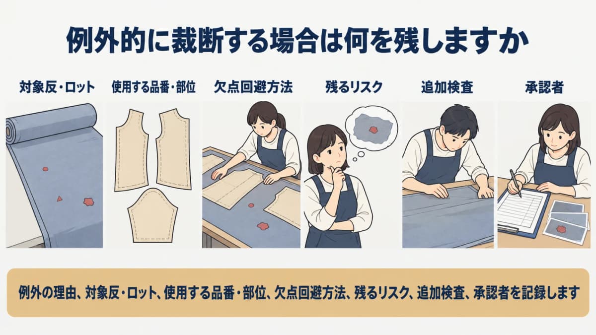 裁断台で欠点位置を避ける例外承認の図解