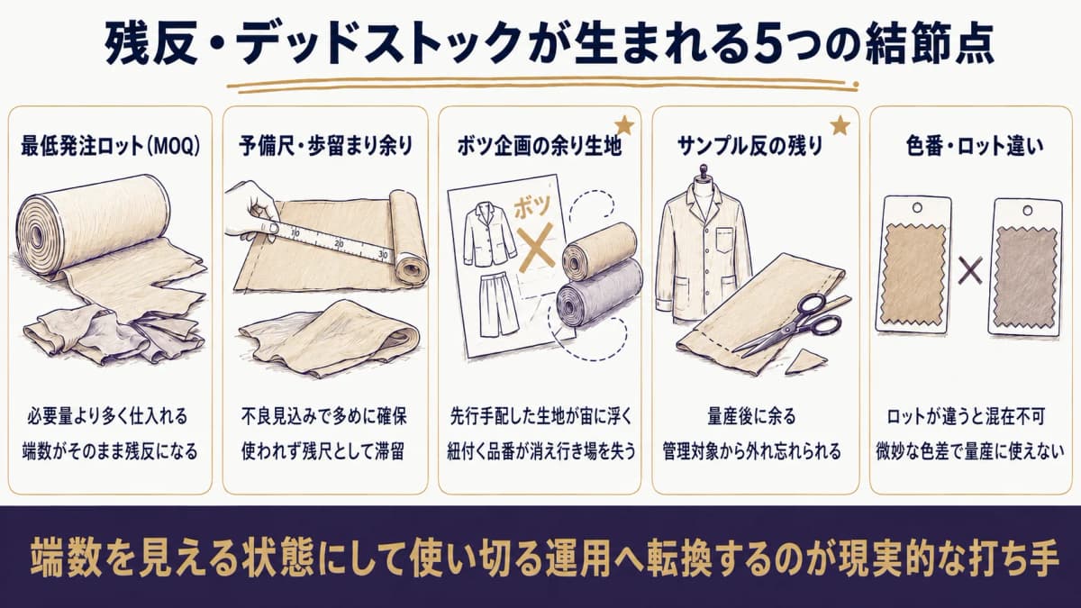 残反・デッドストックが生まれる5つの結節点(最低発注ロット・予備尺・ボツ企画・サンプル反・色番ロット違い)を分解した図