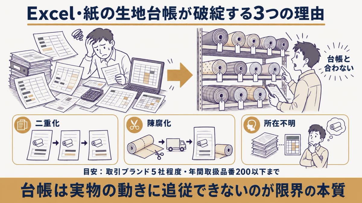 Excelや紙の生地台帳で在庫数量が二重化・陳腐化し、実物と帳簿がずれていく破綻イメージの図